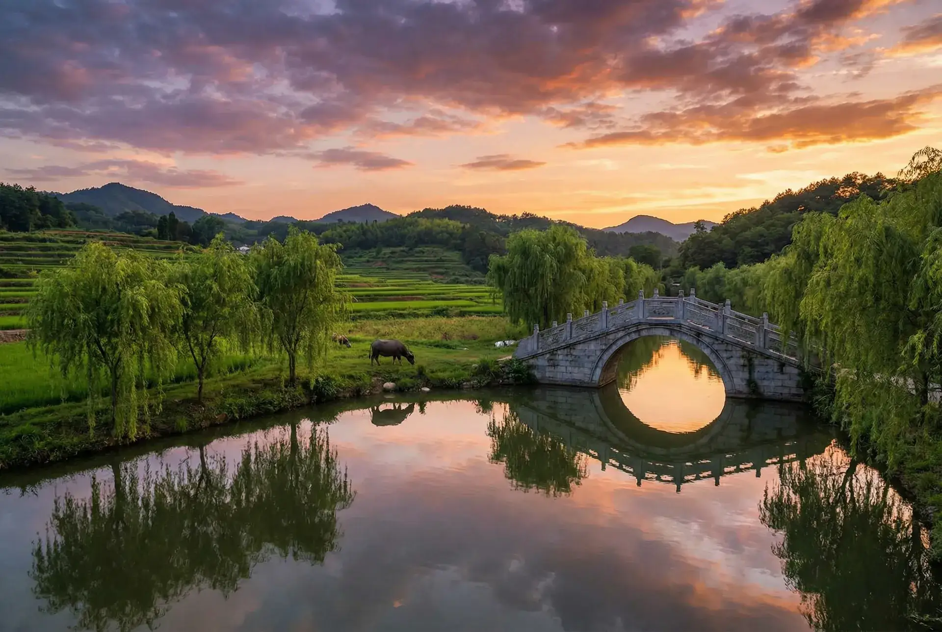 夕阳下的石拱桥与垂柳，水牛在河边吃草 - 一叶孤舟 乡村美景